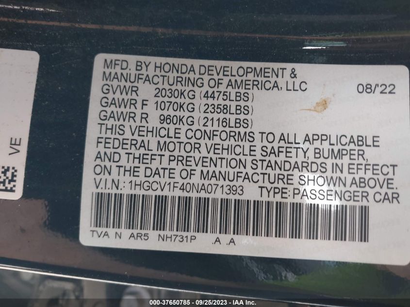 2022 HONDA ACCORD - IHGCV1F40NA071393