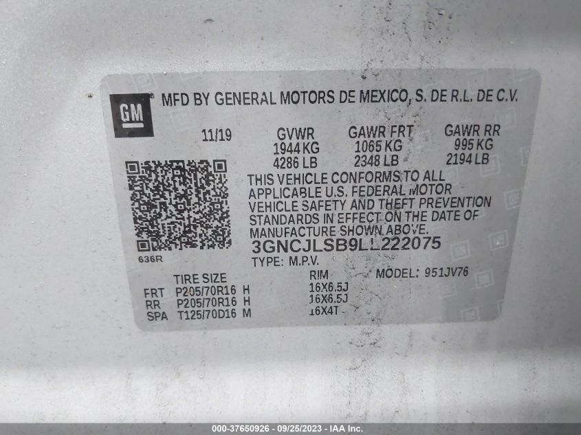 2020 CHEVROLET TRAX LT - 3GNCJLSB9LL222075