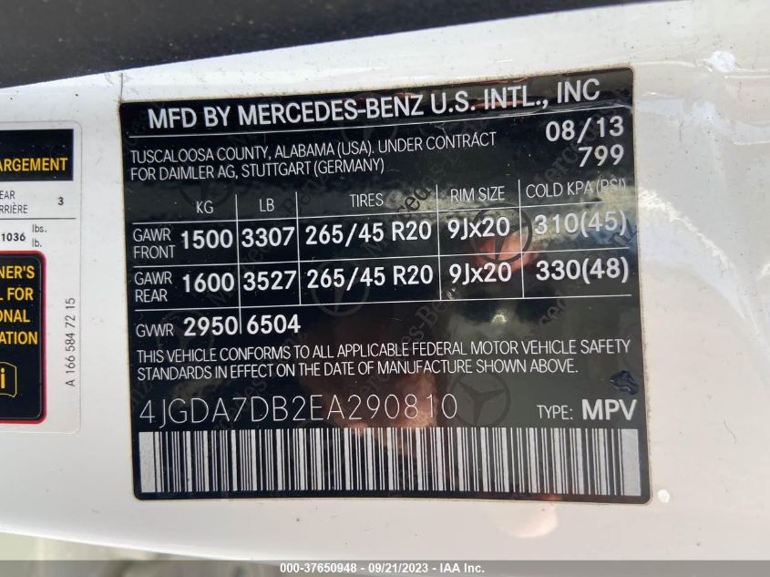2014 MERCEDES-BENZ M-CLASS ML 550 4JGDA7DB2EA290810