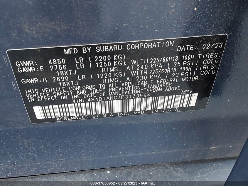 VIN 4S4BTANC7PC173964 2023 SUBARU OUTBACK LIMITED