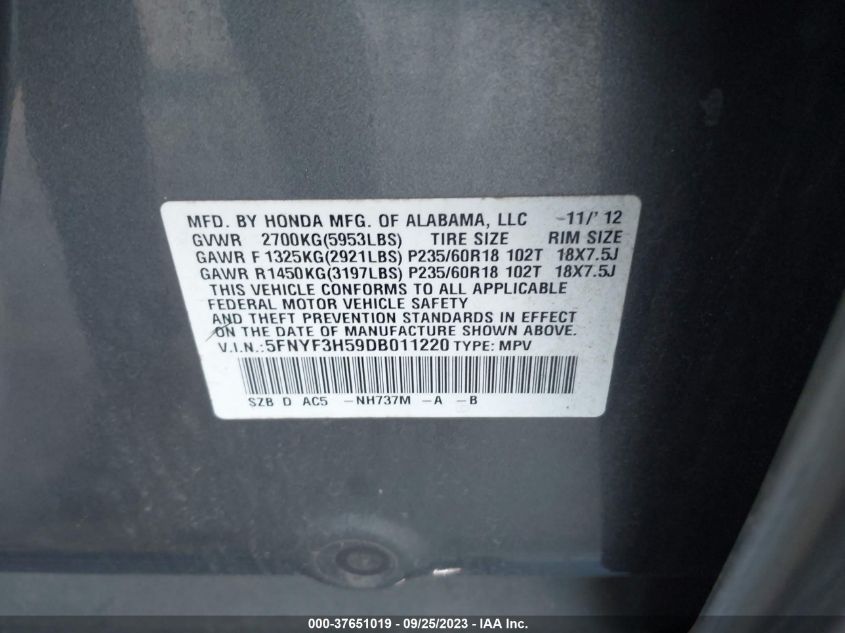 2013 HONDA PILOT EX-L - 5FNYF3H59DB011220
