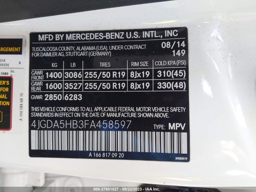 2015 MERCEDES-BENZ M-CLASS ML 350 4JGDA5HB3FA458597