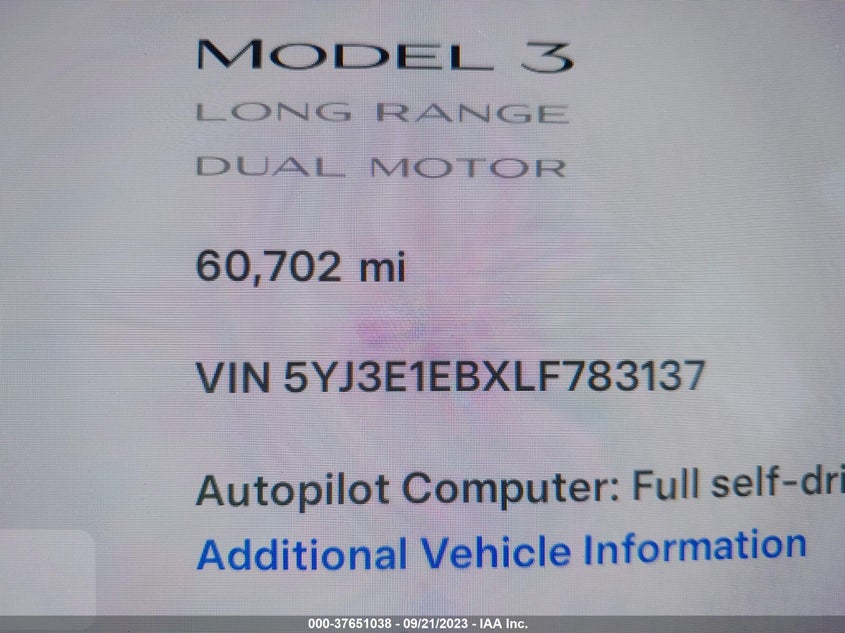 VIN 5YJ3E1EBXLF783137 2020 TESLA MODEL 3 LONG RANGE