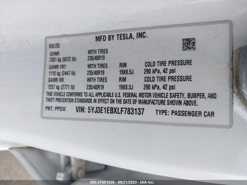 VIN 5YJ3E1EBXLF783137 2020 TESLA MODEL 3 LONG RANGE
