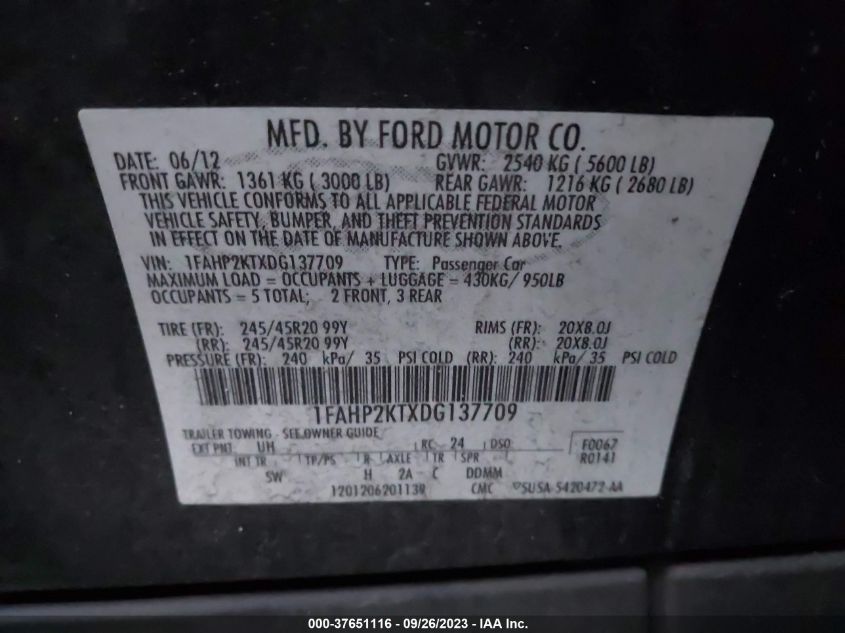 2013 FORD TAURUS SHO - 1FAHP2KTXDG137709