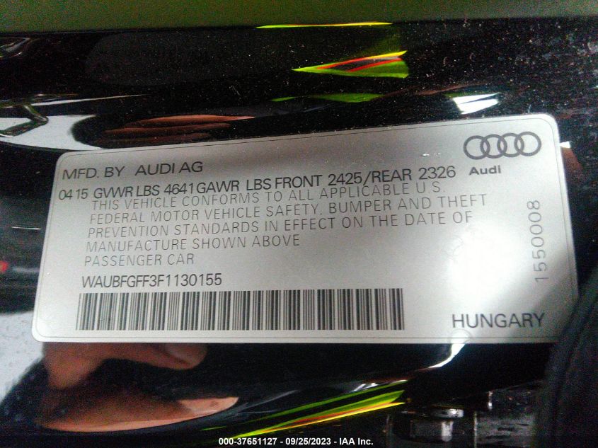 2015 AUDI S3/A3 2.0T PREMIUM PLUS WAUBFGFF3F1130155