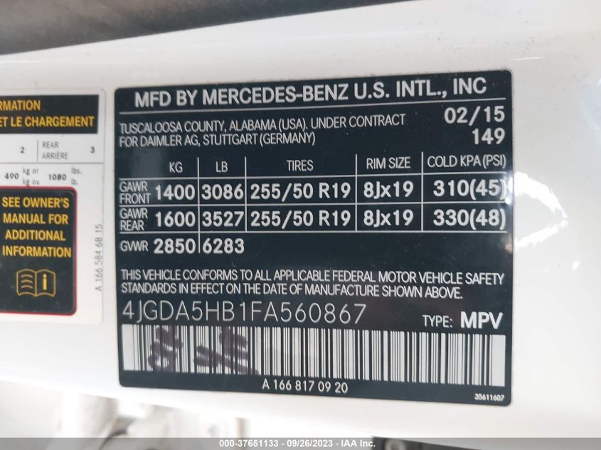 2015 MERCEDES-BENZ M-CLASS ML 350 4JGDA5HB1FA560867