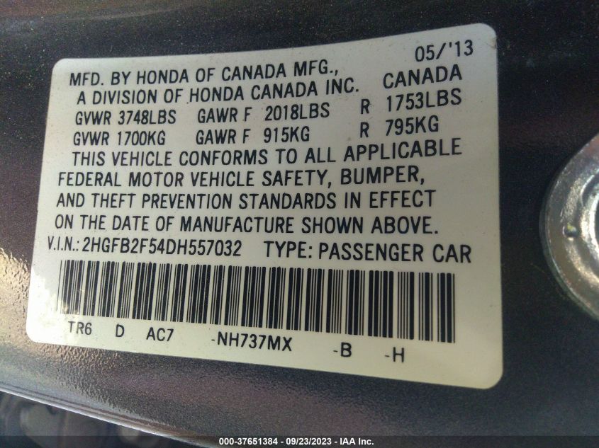 2013 HONDA CIVIC SDN LX - 2HGFB2F54DH557032