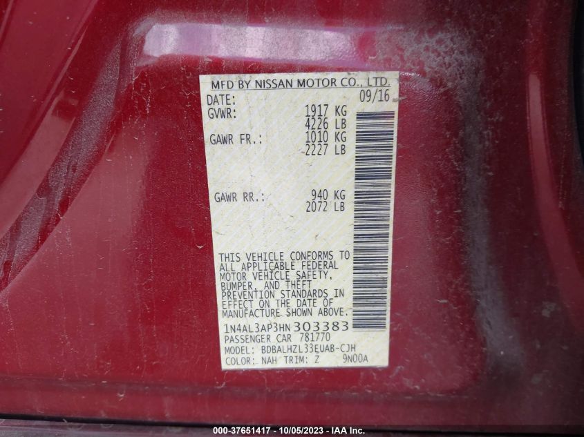 2017 NISSAN ALTIMA 2.5 SR - 1N4AL3AP3HN303383