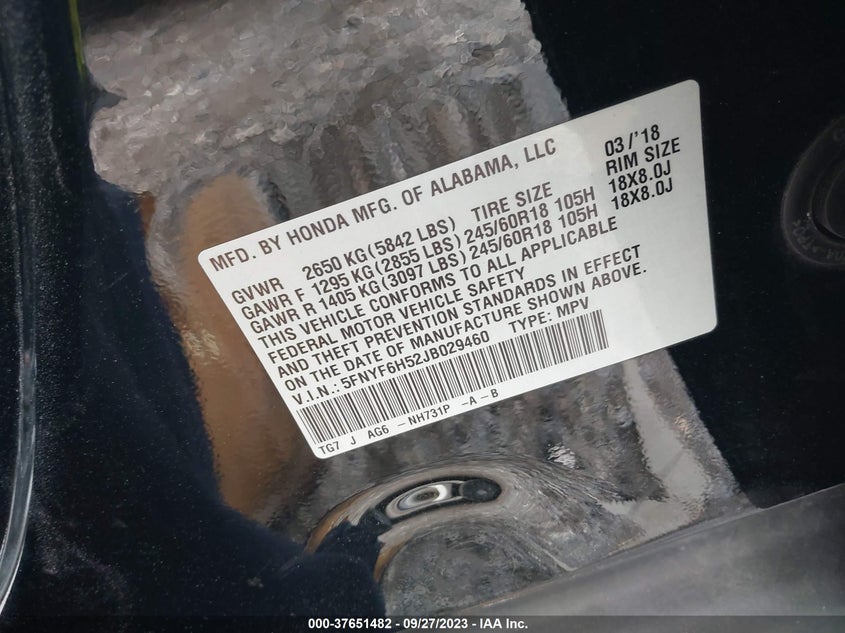 VIN 5FNYF6H52JB029460 2018 HONDA PILOT EXL