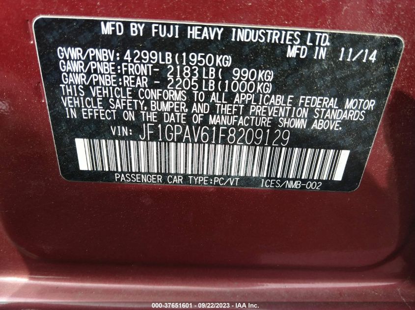 2015 SUBARU IMPREZA WAGON 2.0I SPORT LIMITED - JF1GPAV61F8209129