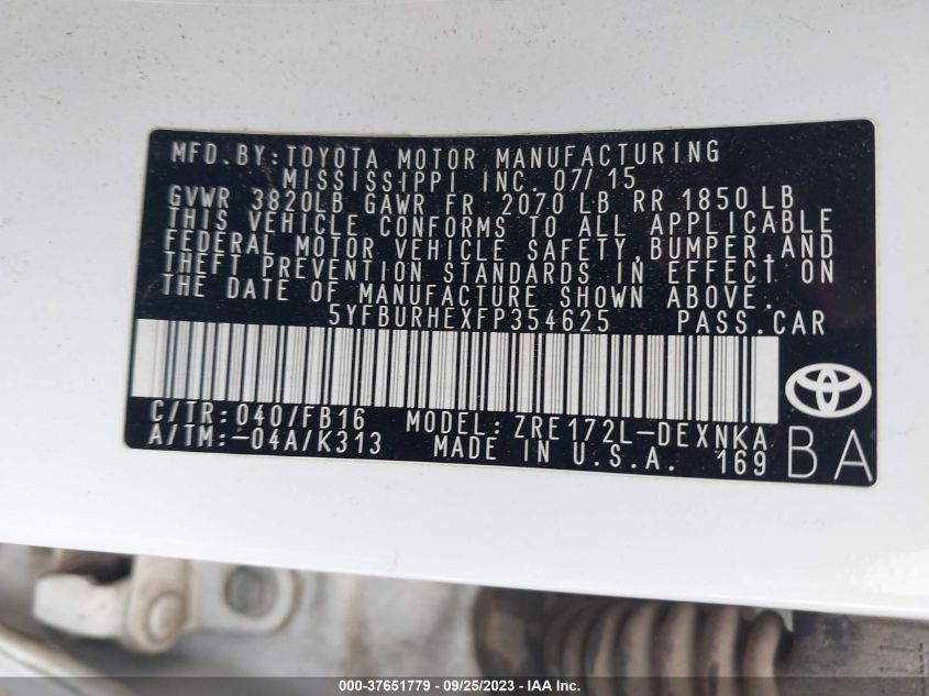 2015 TOYOTA COROLLA L/LE/S/S PLUS/LE PLUS - 5YFBURHEXFP354625