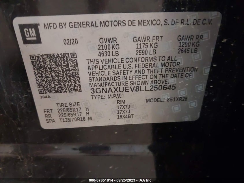 VIN 3GNAXUEV8LL250645 2020 CHEVROLET EQUINOX LT