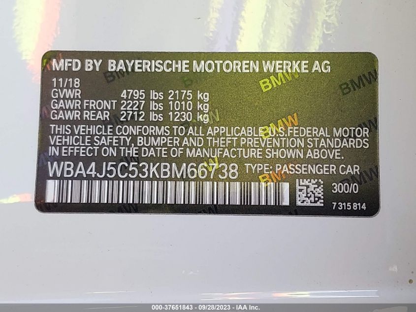 2019 BMW 440I GRAN COUPE WBA4J5C53KBM66738