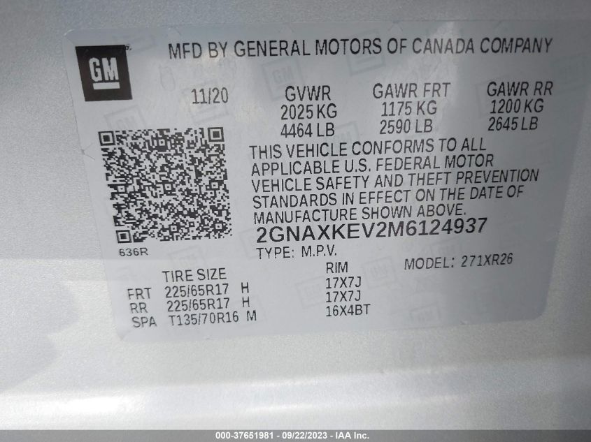 2021 CHEVROLET EQUINOX LT - 2GNAXKEV2M6124937