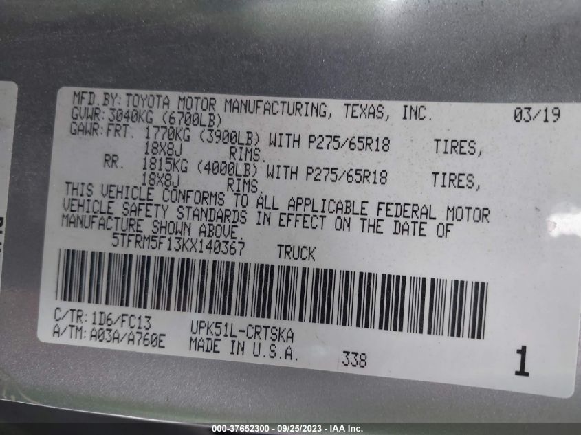 2019 TOYOTA TUNDRA SR5 - 5TFRN5F13KX140367