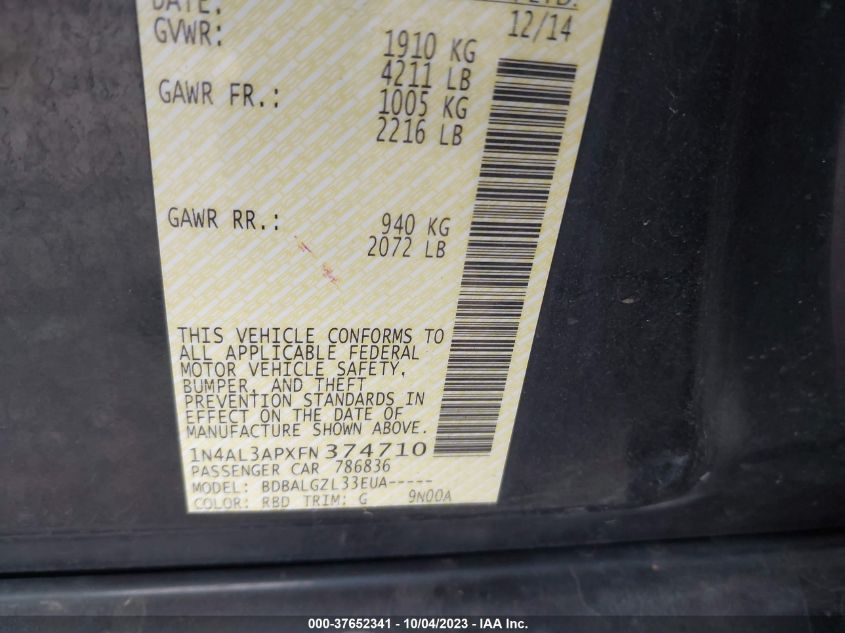 2015 NISSAN ALTIMA 2.5 S - 1N4AL3APXFN374710