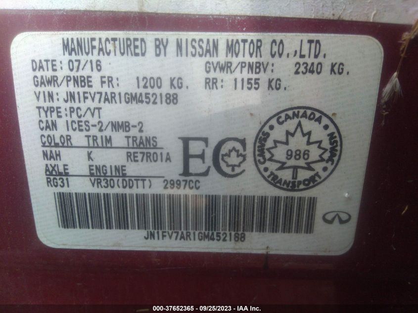 2016 INFINITI Q50 3.0T RED SPORT 400 - JN1FV7AR1GM452188