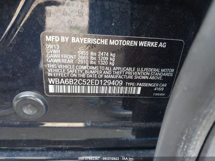 2014 BMW 650I GRAN COUPE WBA6B2C52ED129409