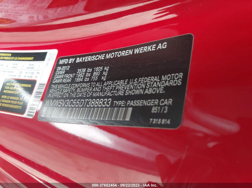 2013 MINI COOPER HARDTOP S WMWSV3C55DT388833