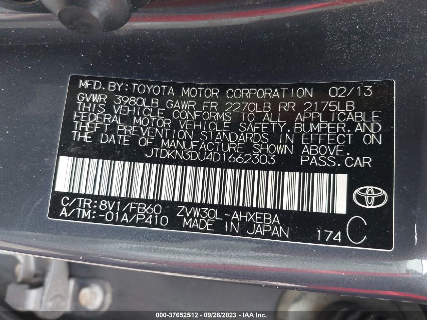 2013 TOYOTA PRIUS ONE/TWO/THREE/FOUR/FIVE - JTDKN3DU4D1662303