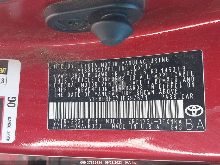 2017 TOYOTA COROLLA L/LE/XLE/SE/XSE - 5YFBURHE7HP697671