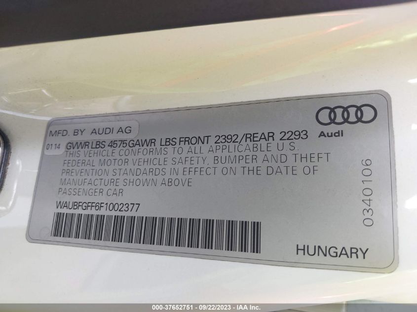 2015 AUDI S3/A3 2.0T PREMIUM WAUBFGFF6F1002377