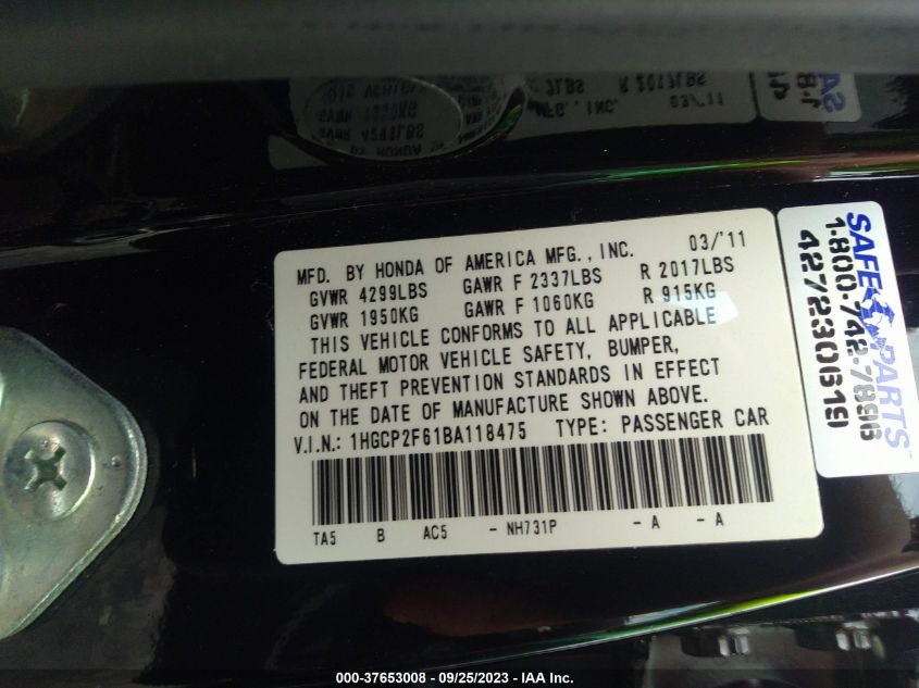 1HGCP2F61BA118475 | 2011 HONDA ACCORD