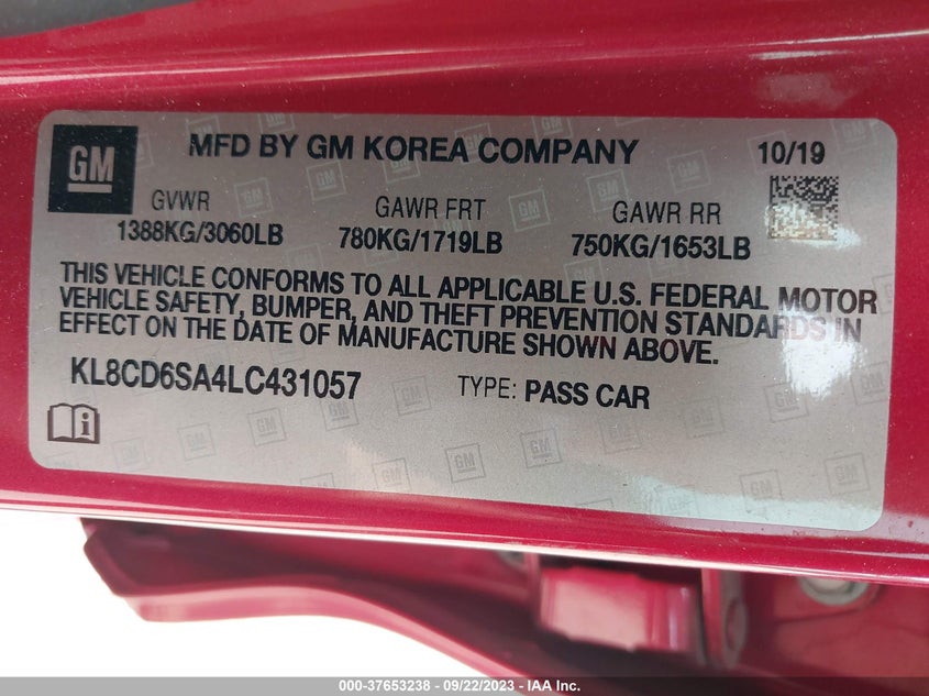 VIN KL8CD6SA4LC431057 2020 CHEVROLET SPARK LT