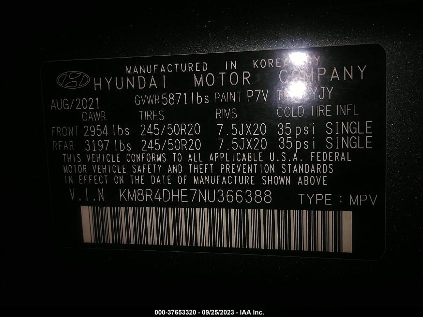 KM8R4DHE7NU366388 Hyundai Palisade SEL 9