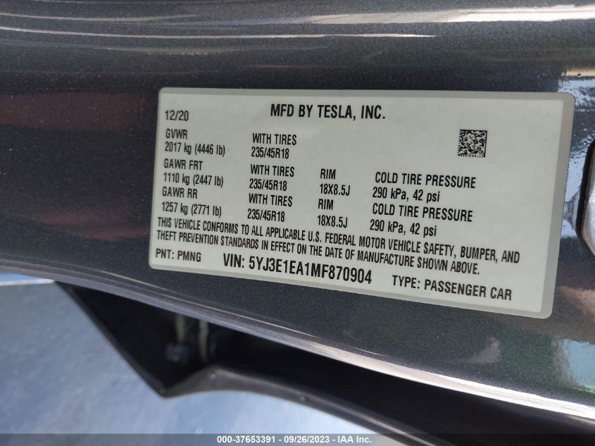 2021 TESLA MODEL 3 STANDARD RANGE PLUS - 5YJ3E1EA1MF870904