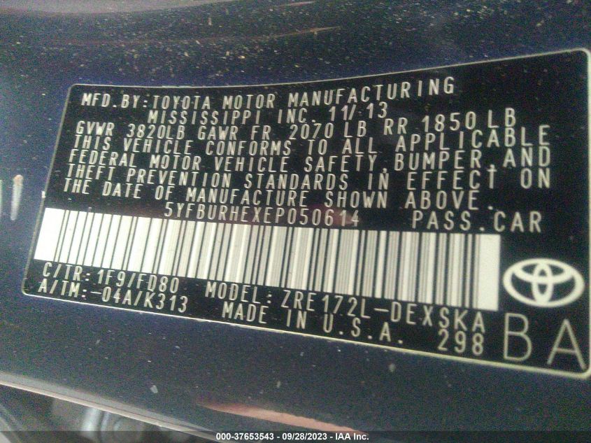 2014 TOYOTA COROLLA L/LE/S/S PLUS/LE PLUS - 5YFBURHEXEP050614