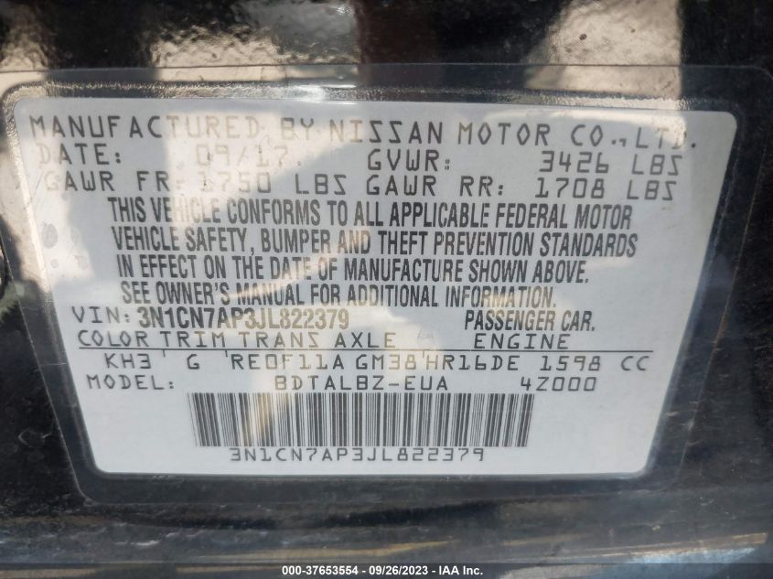 2018 NISSAN VERSA SEDAN SV 3N1CN7AP3JL822379
