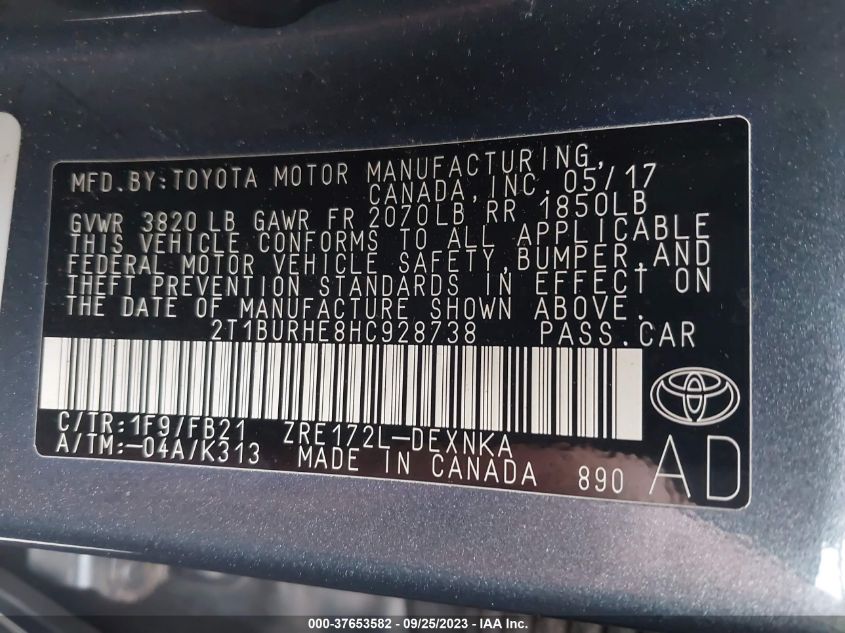 2017 TOYOTA COROLLA L/LE/XLE/SE/XSE - 2T1BURHE8HC928738