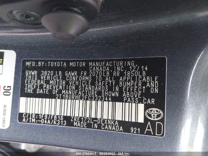 2015 TOYOTA COROLLA L/LE/LE PLS/PRM/S/S PLS - 2T1BURHE2FC332344