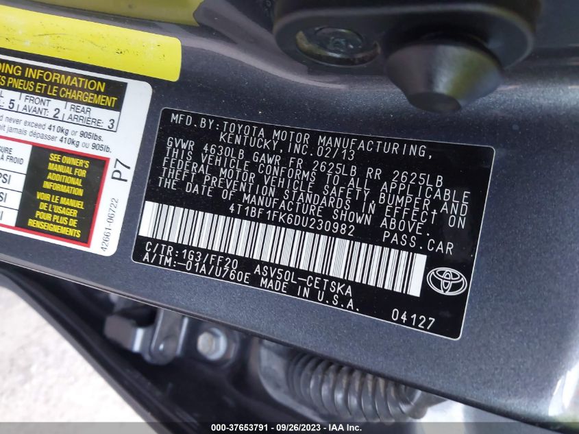 2013 TOYOTA CAMRY L/LE/SE/XLE - 4T1BF1FK6DU230982