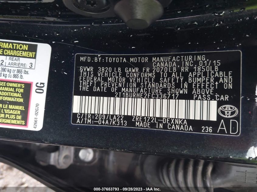 2015 TOYOTA COROLLA L/LE/S/S PLUS/LE PLUS - 2T1BURHE2FC336717