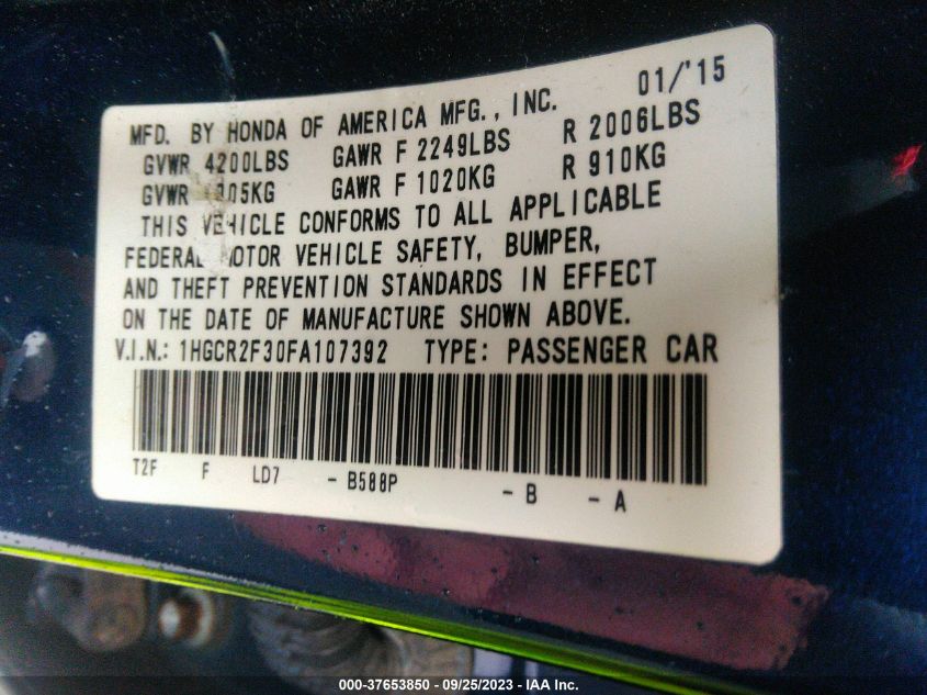 2015 HONDA ACCORD SEDAN LX - 1HGCR2F30FA107392