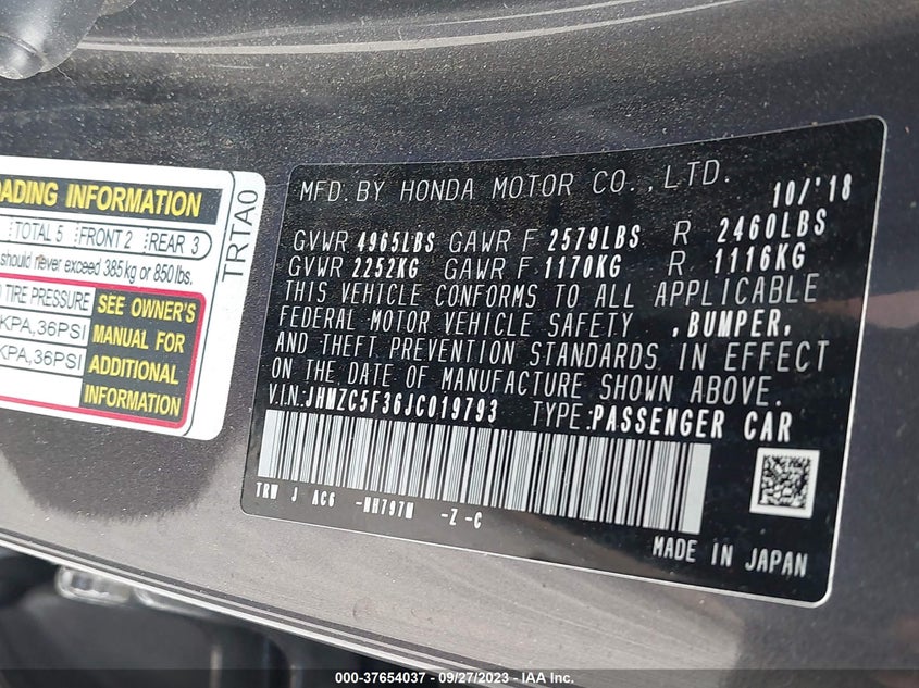 VIN JHMZC5F36JC019793 2018 HONDA CLARITY PLUG-IN HYBRID TOURING