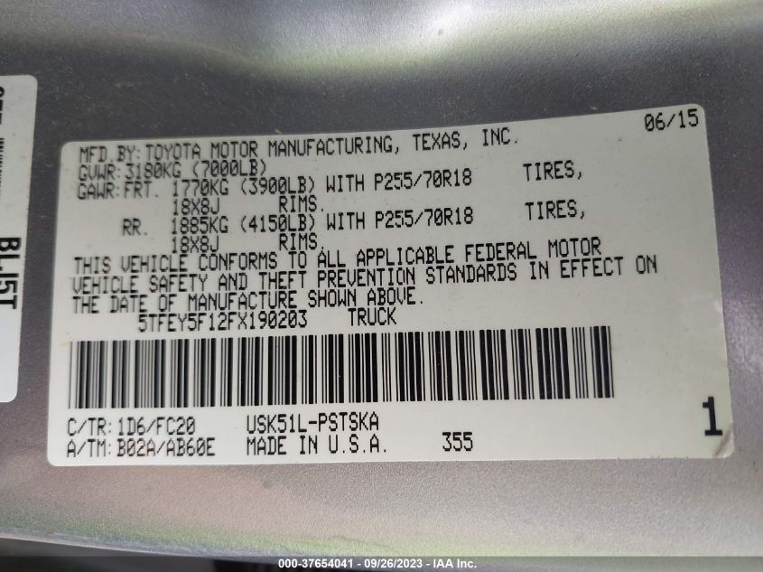 2015 TOYOTA TUNDRA 2WD TRUCK SR5 5TFEY5F12FX190203