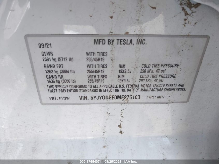 5YJYGDEE0MF276163 Tesla Model Y LONG RANGE 9