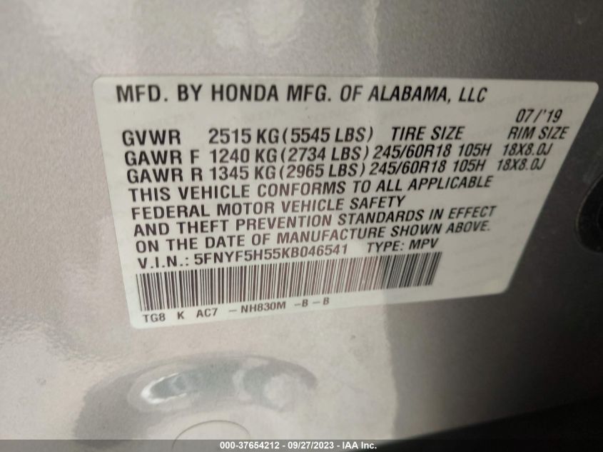 2019 HONDA PILOT EXL - 5FNYF5H55KB046541