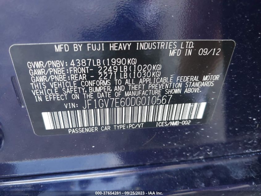 2013 SUBARU IMPREZA SEDAN WRX WRX JF1GV7E60DG010567