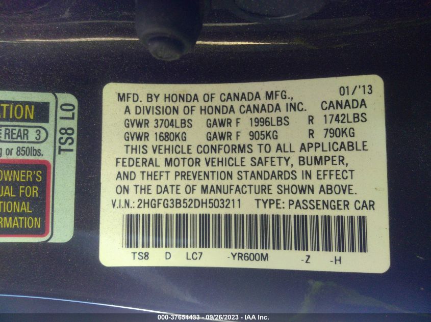 2013 HONDA CIVIC LX - 2HGFG3B52DH503211