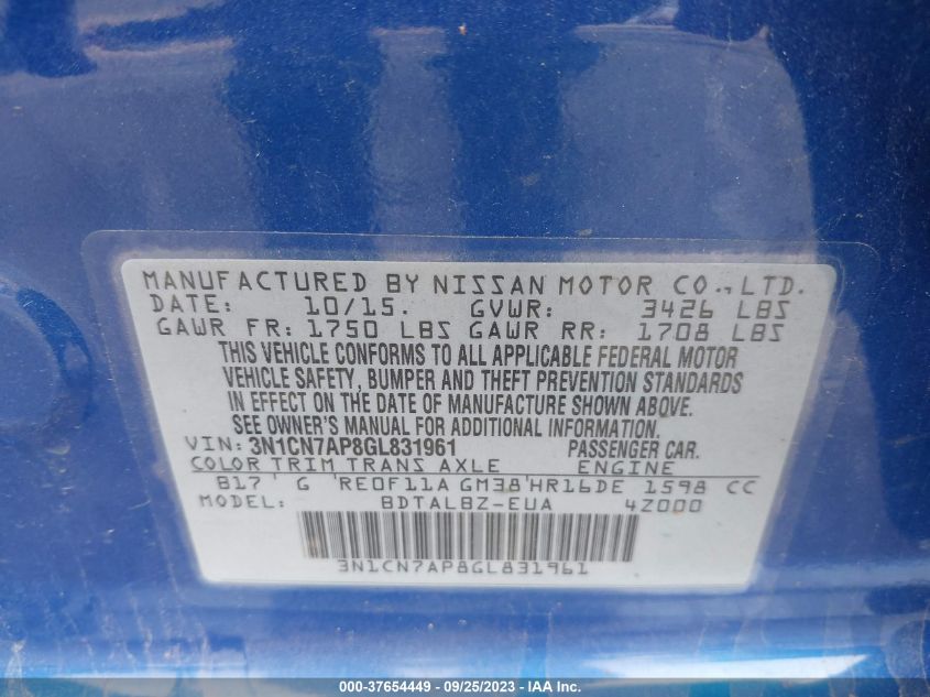 2016 NISSAN VERSA S/S PLUS/SV/SL - 3N1CN7AP8GL831961