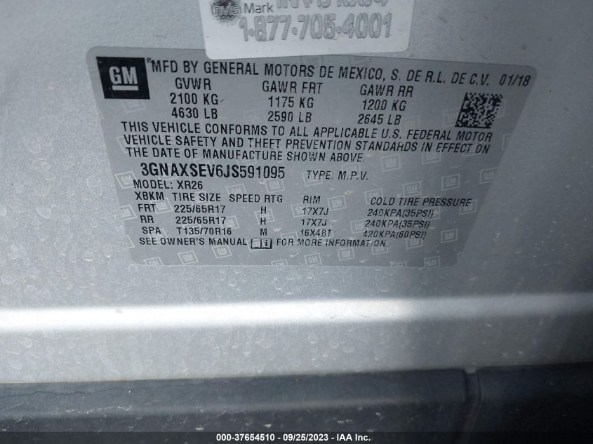 2018 CHEVROLET EQUINOX LT - 3GNAXSEV6JS591095
