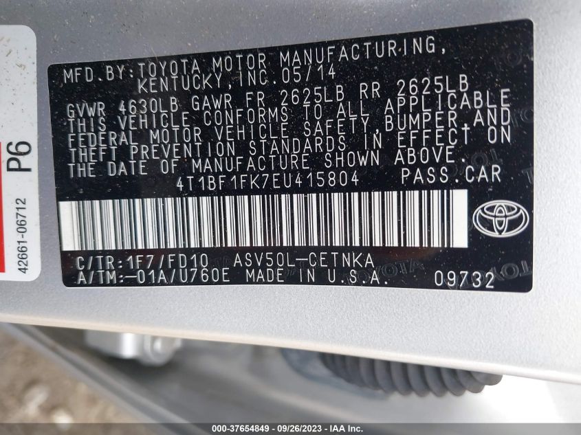 2014 TOYOTA CAMRY L/LE/XLE/SE/SE SPORT - 4T1BF1FK7EU415804