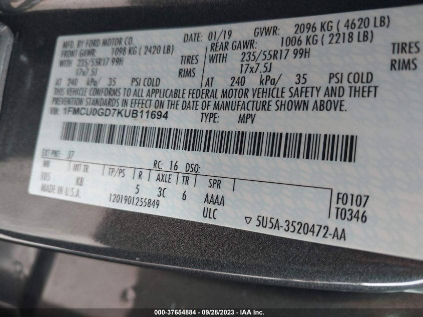 1FMCU0GD7KUB11694 2019 FORD ESCAPE, photo no. 9