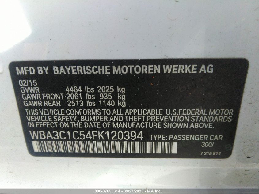 2015 BMW 3 SERIES 328I - WBA3C1C54FK120394