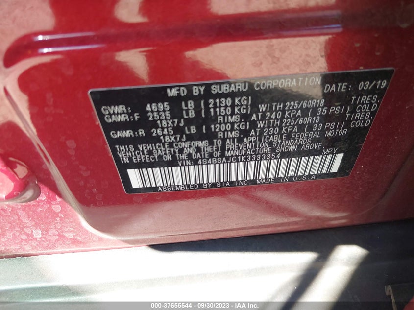 VIN 4S4BSAJC1K3333354 2019 SUBARU OUTBACK LIMITED
